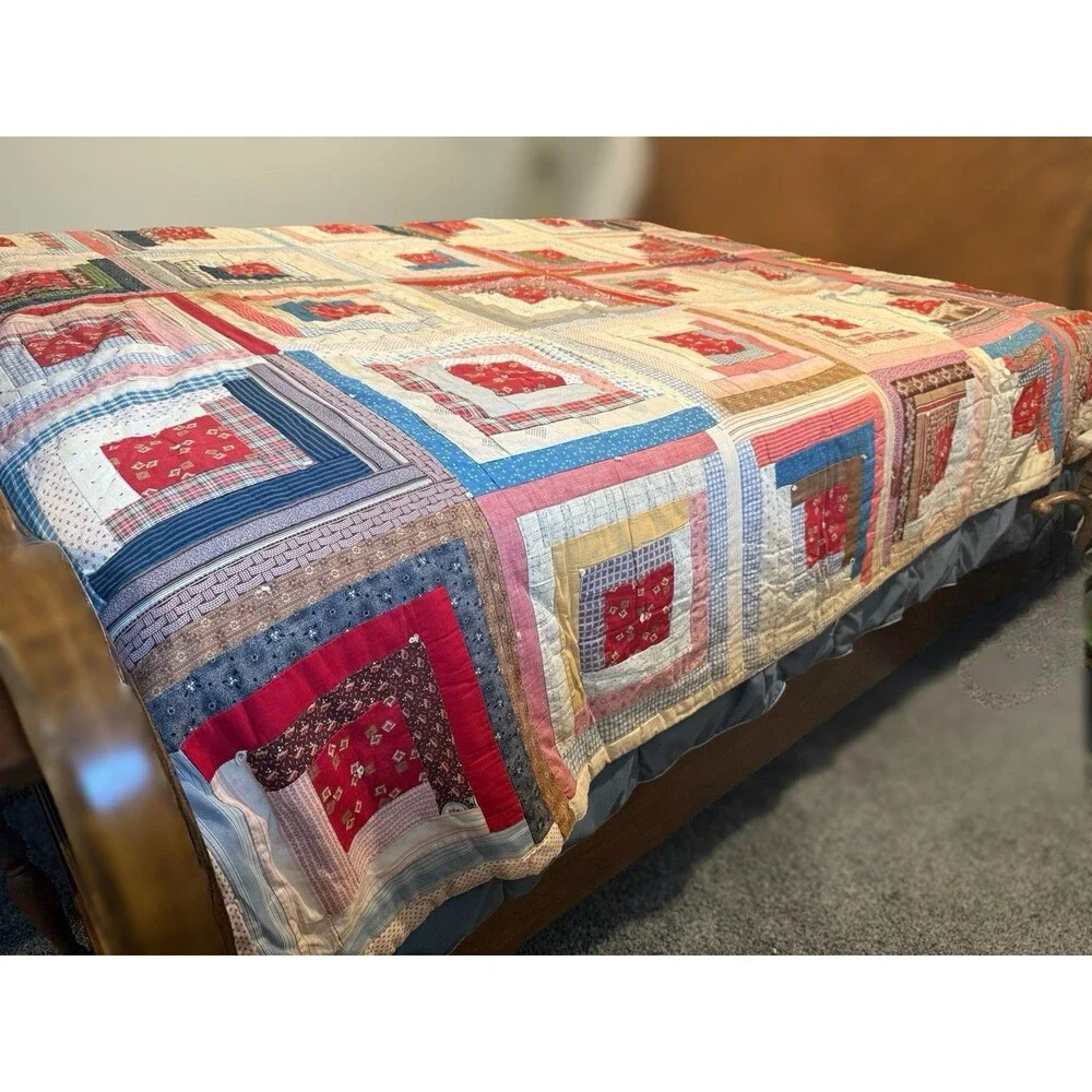 Antique Log Cabin Style Quilt Queen Size 82” X 74” Reversible Red Cream Boxes